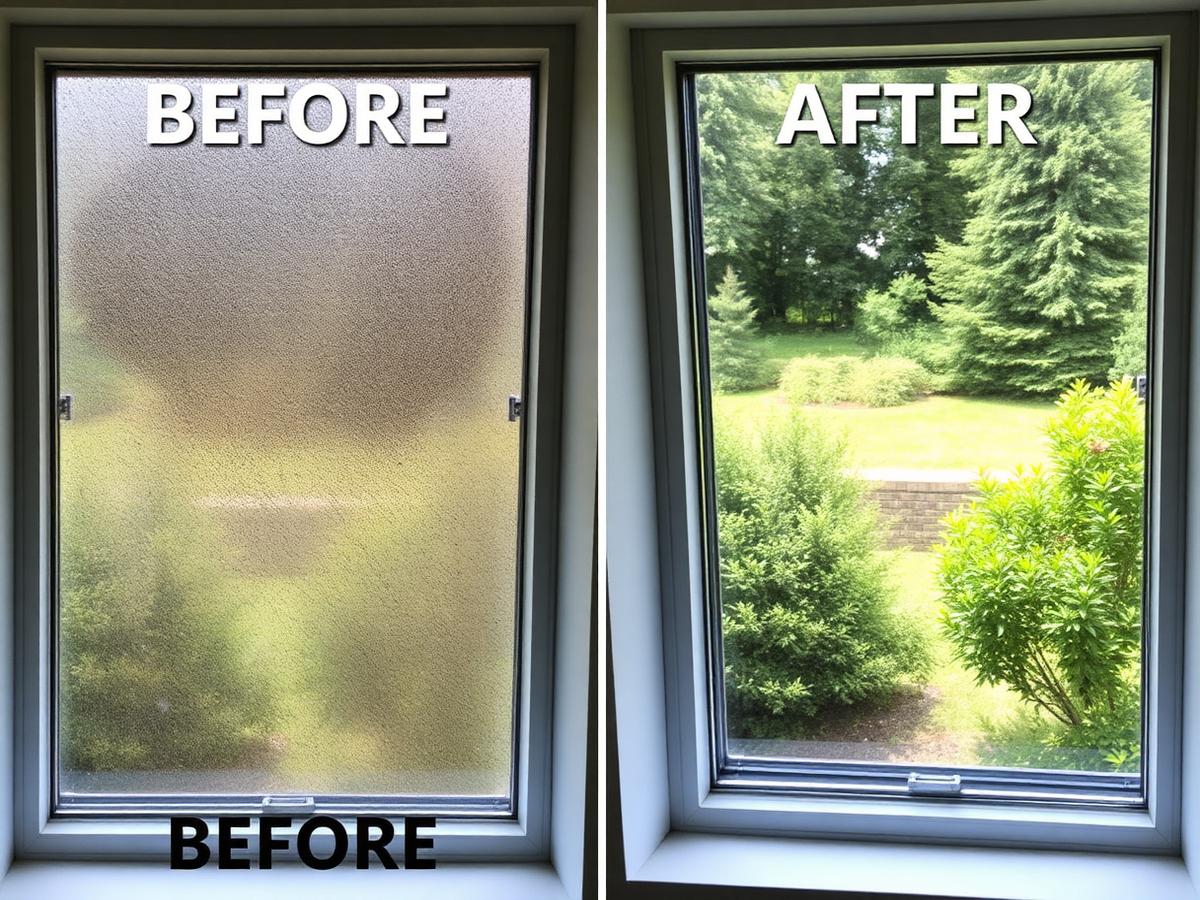 Before and after window cleaning: Garden-view bedroom